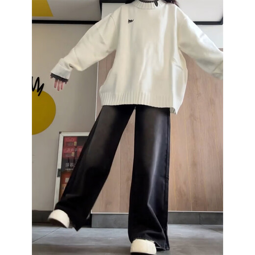 Cantu Xiaoxiangfeng round neck sweater for women autumn and winter new fake two-piece long-sleeved sweater small loose coat women's white long-sleeved sweater S recommended 90-105Jin Jin equals 0.5 kg