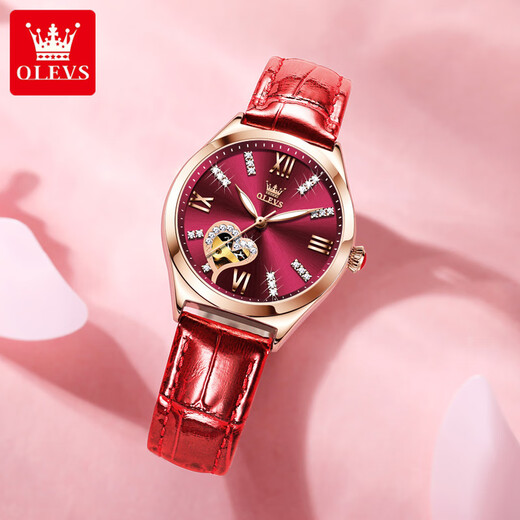 Olevs Swiss Certified Brand Watch Woard Woard Watch Mechanical Watch Fashion Fashion Hollow Imperproofing Gift For Girlfriend 6636 Vins Red [Boîte-cadeau]