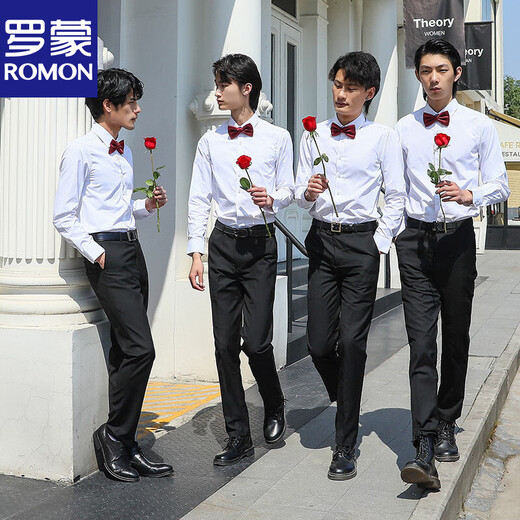 Romon Groomsmen's Brothers Group Tragen Hochzeitskleid Sommer -Hemdanzug Langarm Hemd Hemd Bräutigam groß Größe Blaues langes Hemd + Fliege 5xl