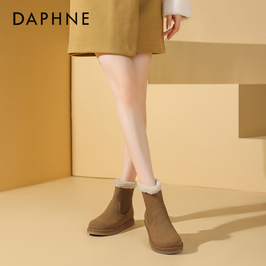 达芙妮（DAPHNE）雪地靴女冬季2024新款面包鞋厚底百搭靴子女加绒加厚棉鞋 驼色 跟高2.5cm 35 标准尺码