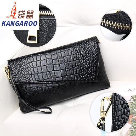 袋鼠（KANGAROO）2025新款单肩女包手抓手拿包斜挎包时尚百搭手包真皮手拿包女 黑色