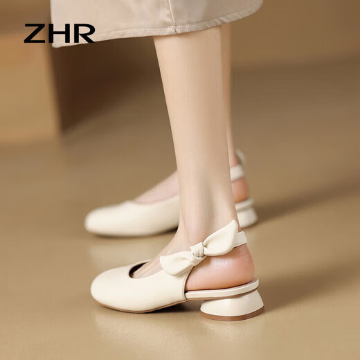 ZHR single sandals for women summer sweet bow single shoes women's fashionable toe thick heel women's shoes Y702 beige 35