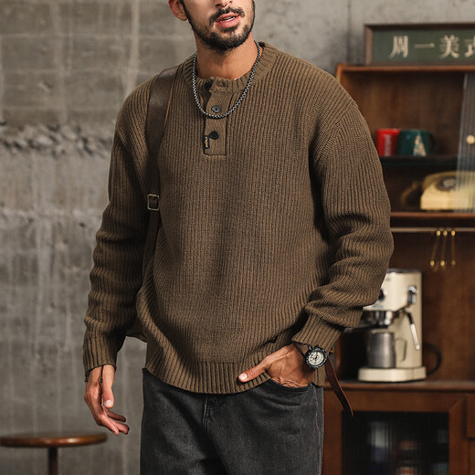 Hou Teng American Henry Collar Sweater Men's Autumn and Winter 2025 New Trendy Brand Casual Sweater Men's Wool Clothing Men's Wear Tuhao Green 2XL (160-180Jin Jin is equal to 0.5 kg)