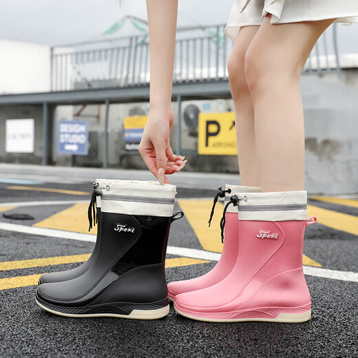 侗宜轩新款中筒雨鞋女防水耐磨四季女士雨靴保暖加绒平底雨鞋厨房鞋胶鞋 粉红单鞋 41