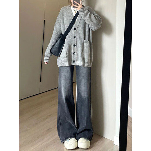 Qumile American trendy wide-leg jeans for women in autumn and winter new style small high-waisted slim loose straight pants black gray L