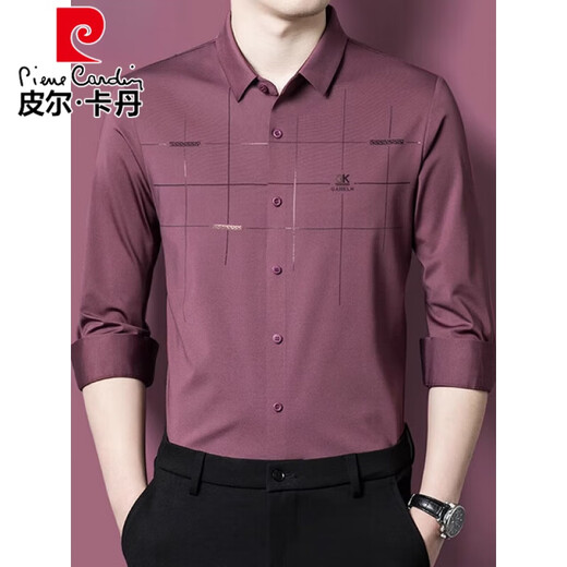 皮尔卡丹（pierre cardin）酒红色衬衫男长袖婚宴装喜公公结婚礼服爸爸本命年红衬衣父母服装 红色加绒6627 170
