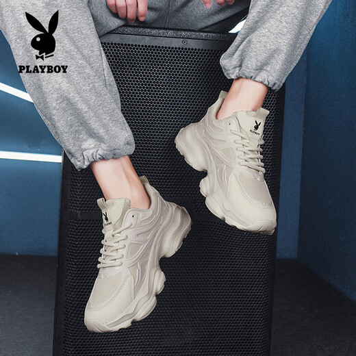 花花公子（PLAYBOY）老爹鞋男鞋2025夏季鞋子男士休闲鞋厚底透气运动鞋 米色 42