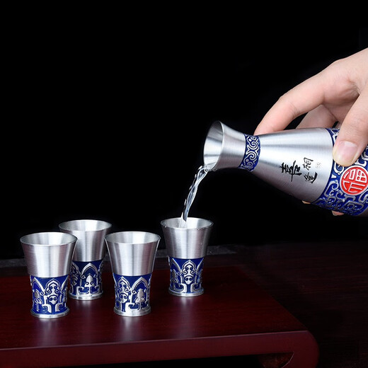 Itariz pure tin wine jug set wine divider household retro enamel craft practical tin wine jug yellow wine white wine set happy encounter (one pot 2 cups)