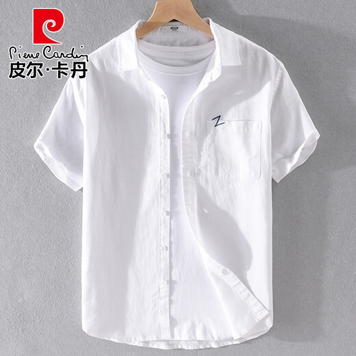 Pier Cardin brand high-end men's linen lapel short-sleeved T-shirt loose shirt collar top with tie T cotton linen 9711 blue M