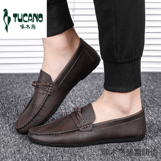 
Woodpecker Beanie Shoes Men's New Men's Shoes Summer Breathable Trend British Casual Leather Shoes Men's Real Leather D838 Brown 41