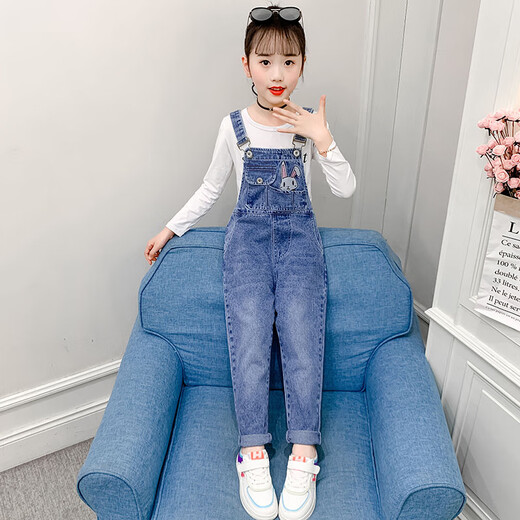 迪士尼（Disney）女童牛仔背带裤2023春秋新款韩版女孩两件套装儿童宽松洋气吊带裤 单件MK-211兔小白 正码 170正码不能贪大