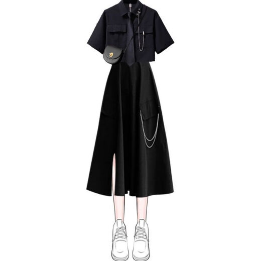 
Yimuqi Korean retro college style girls suit 2023 summer sweet and cool suit female students Korean style loose college style lining black shirt + work skirt 1389# XS suggested 80Jin [Jin equals 0.5 kg] below