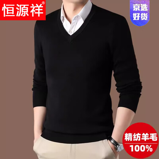 Hengyuanxiang light luxury high-end worsted woolen sweater for men pure wool winter thickened V-neck middle-aged men's pullover sweater machine washable black L/175 suitable for 120-140Jin Jin equals 0.5 kg