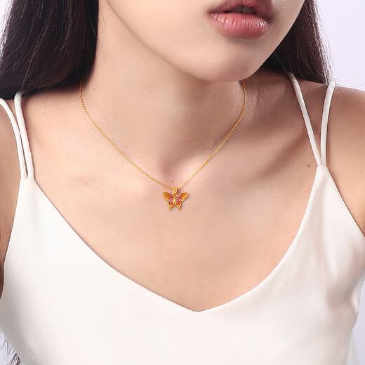 Saphire 18K gold pendant for women, honey sparkle enamel butterfly pendant, colored gold pendant for birthday gift, golden orchid butterfly pendant - free gold-plated silver chain