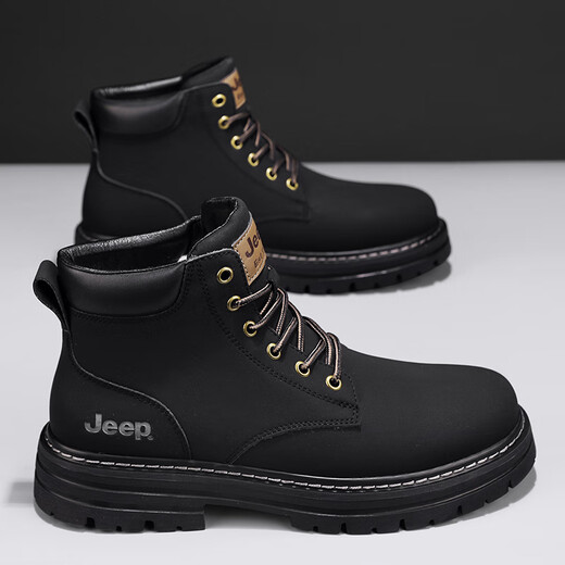 吉普（JEEP）雪地靴男冬季2025新款复古工装踢不烂大黄靴保暖马丁靴 黑色（加绒） 41 （皮鞋码）