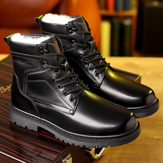 
Saimandie winter wool military hook cold-proof boots men's Martin boots genuine leather wool warm cotton boots high top layer cowhide wool boots 3519 black [Fur integrated flat bottom] 38