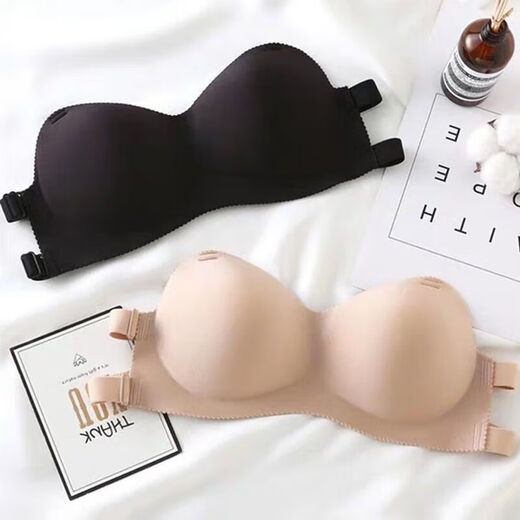 Full-length strapless bra, push-up, thickened small breasts, strapless Korean style wedding dress, invisible underwear for female students, skin color, size 90 transparent shoulder straps, one size fits all