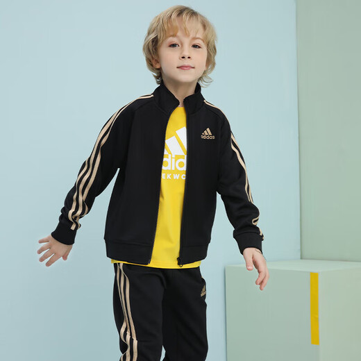Adidas Spring и осенний набор детских спортивных наборов Новый открытый отдых на открытом воздухе брюки с двумя частями Black/Gold 116