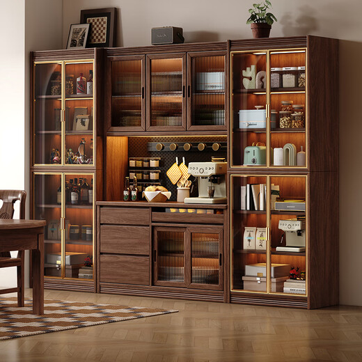 Small wooden sideboard integrated wall cabinet black walnut solid wood wine cabinet living room storage cabinet storage cabinet 1.6 meters three-door sideboard-without light combination
