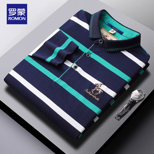 ROMON T-shirt men's spring and autumn striped lapel trendy business casual slim long-sleeved POLO bottoming shirt men's top BYBL8851 Yellow XL