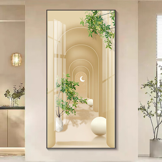 Wale Patio Nordic Veranda Dekorative Malerei grüne Pflanzen Korridor Gang Hängende Malerei Sahne Stil Wohnzimmer Eingangstür vertikaler Wandmalerkristall Porzellan Gemälde 844-2 50*100 Gold Rahmen/Kristallporzellan Gemälde