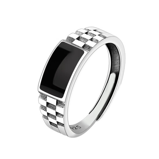 Mu silk obsidian ring 925 silver men's niche high-end exquisite cold wind drop glaze jewelry opening epoxy checkerboard sterling silver ring (size adjustable)
