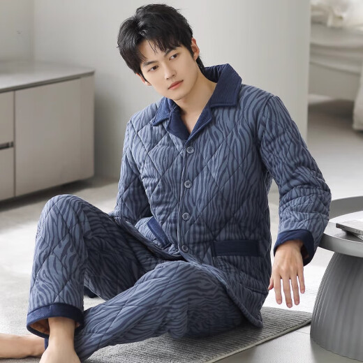 莫代尔睡衣男士冬季三层加厚加绒纯棉夹棉袄秋冬款珊瑚绒保暖家居服套装 3887 M 165 码建议体重100-125斤