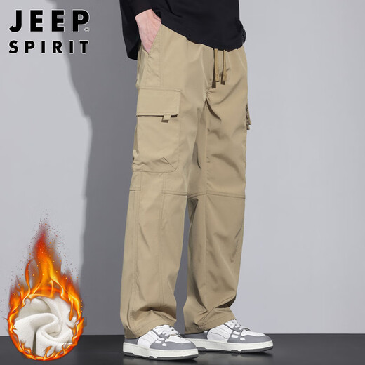 JEEP SPIRIT Jeep Overalls Men's Pants Men's Autumn and Winter Casual Pants Men's Multi-Pocket Men's Pants Khaki Velvet XL