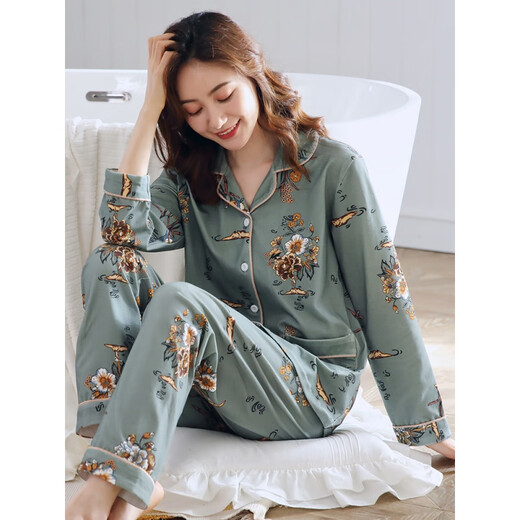 恒源祥（HYX）睡衣女春秋款长袖纯棉中年妈妈秋季全棉女士家居服春夏季薄款套装 XEQ-9215 2XL (175)
