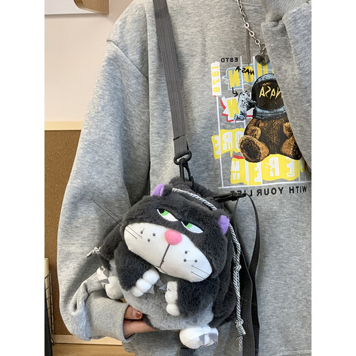 匡睿卡通路西法猫猫小书包迷你包包女包斜挎毛绒玩偶小背包可爱双肩包 灰色