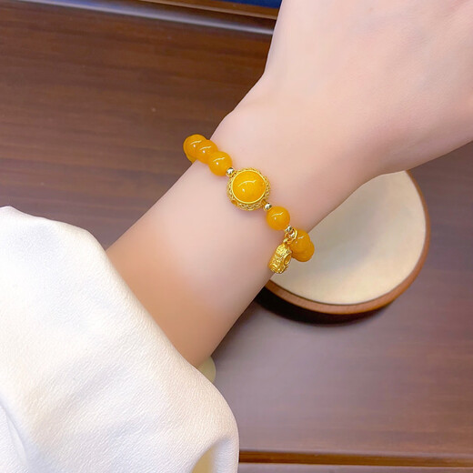 Holy glass golden yellow beeswax carved small shoe tassel bracelet showing white Nepal amber bracelet ancient retro style jewelry for women beeswax small shoe tassel bracelet