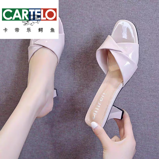 Cartelo crocodile (CARTELO) simulated leather sandals for women's outer wear 2025 summer new versatile thick heel fish mouth shoes high heel slippers off-white standard size 34
