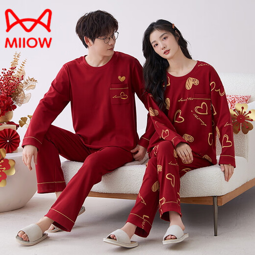 Catman (Miiow) Neues Red Pyjamas Hochzeitspaar Anzug für Männer und Frauen Winter und Herbst Neue reine Baumwolle, langärmelische festliche Heimkleidung 9227 Frauen [double Happy] 2xl (140 160jin [Jin gleich 0,5 kg]))