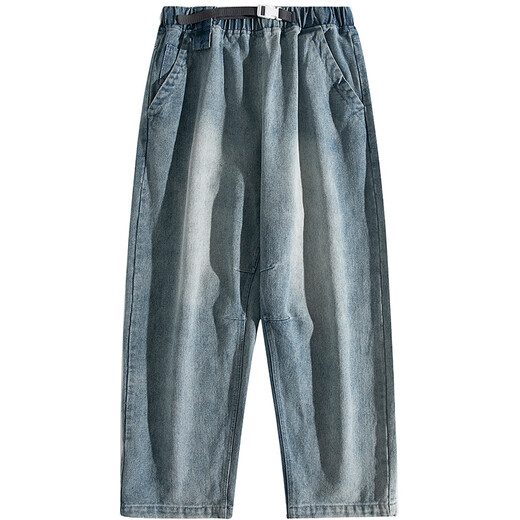 
Huatianmu Fatty Large Size Autumn and Winter Plus Fleece Jeans Hong Kong Style Knee Ripped Jeans Men's Loose Straight Beggar's Cropped Pants HK11991 Denim Blue Plus Fleece 28 95~110Jin [Jin equals 0.5 kg] Can be worn