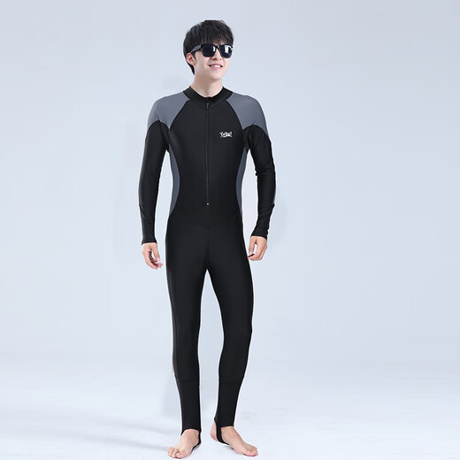Yobel men's one-piece swimsuit snorkeling surfing wetsuit swimsuit long-sleeved trousers sun protection quick-drying full body warm swimsuit black and gray M recommended 150-160CM weight 95-110Jin Jin equals 0.5 kg