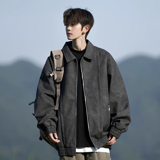 OEMG American quilted thickened leather jacket men's spring, autumn and winter trendy brand large size loose couple work jacket clothes black high quality XL recommended 110-125Jin Jin equals 0.5 kg