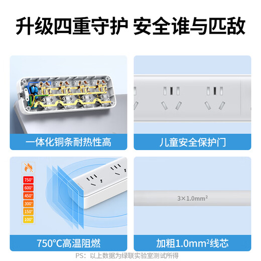 Green coupling plug-in/socket/wire board/line plug/plug/wire board/desktop with wires New national standard large-pitch dormitory home office 4-position general control switch total length 1 meter 25131