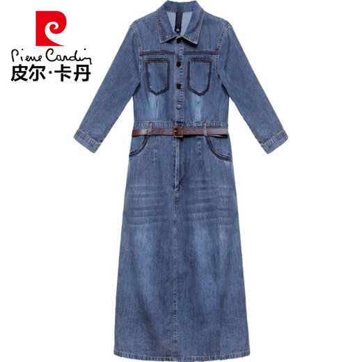 Pier Cardin Denim robe 2025 Nouvelle féminine féminine au début de l'automne à la mode et à la mode haut de gamme European et noble marque petite jupe bleue xl (recommandé 115-125jin [Jin est égal à 0,5 kg]))