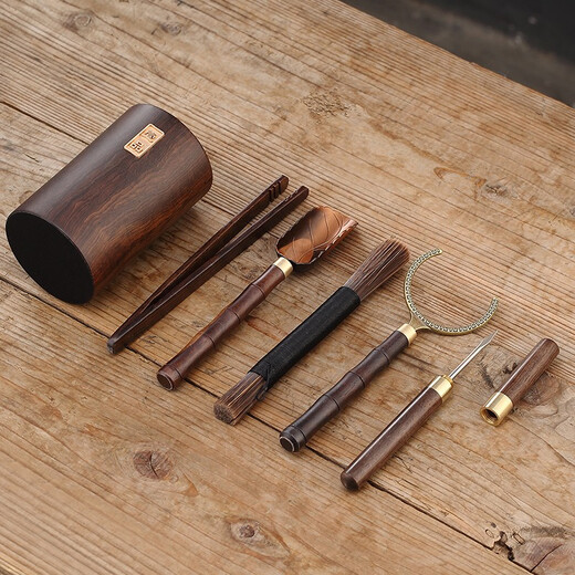 Jiutang Kung Fu Tea Set Accessories Black Sandalwood Tea Ceremony Six Gentlemen Tea Knife Spoon Tea Clamp Three-piece Tea Making Tool Set Supplies (1st Grade) Black Sandalwood Tea Ceremony Six Gentlemen