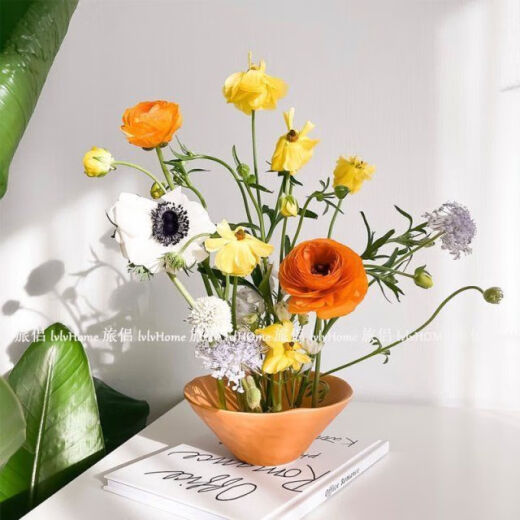 Suitable for Korean ceramic flower pots, niche art design, flower arrangements, flower vases, water filter bowls, living room decorations, orange [single rose] + fast delivery