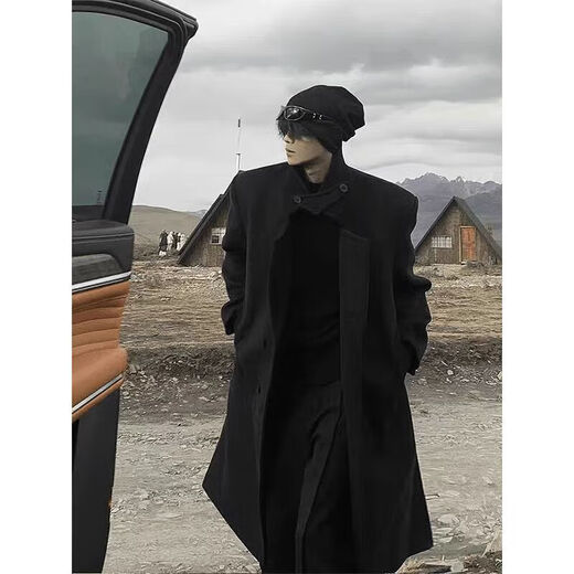 OEMG mid-length woolen coat men's autumn and winter high-end woolen over-the-knee Korean style lazy wind handsome windbreaker jacket black XL recommended 125-140Jin Jin equals 0.5 kg