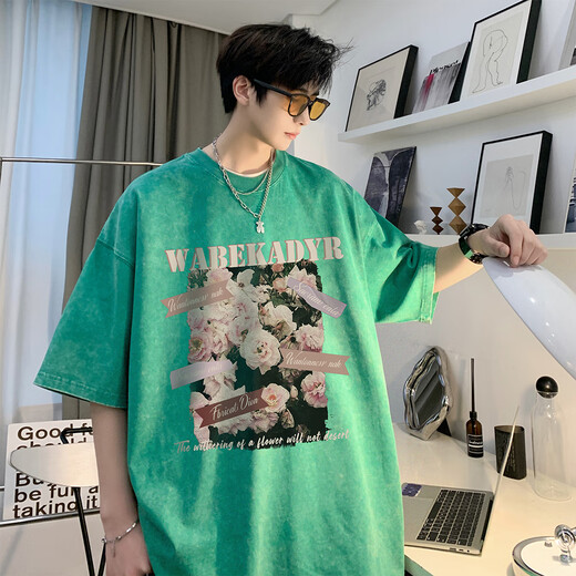 YOOOURTHING夏季新款潮牌美式复古蜡染水洗做旧宽松240克重磅纯棉短袖t恤男士 T691水洗黑色 XL建议（120-145斤）