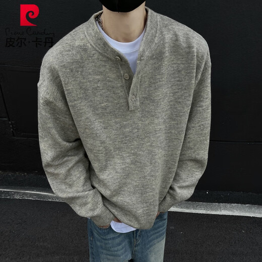 Pierre Cardin American Handsome Henley Collar Sweater Men's 2025 New Autumn and Winter Lazy Feeling Old Money Style Knitted Sweater Jacket Gray M