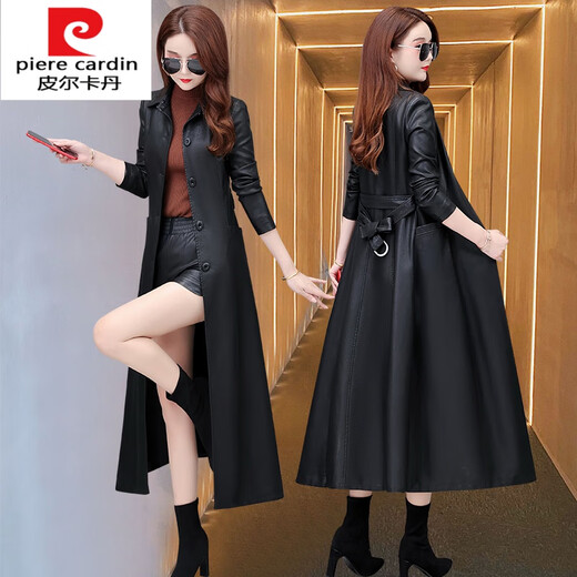 Pierre Cardin Knitted Haining Leather Coat Women's Long Over the Knee 2025 New Women's Leather Coat Spring and Autumn Windbreaker Jacket Black M Suitable for 85-99Jin Jin equals 0.5 kg