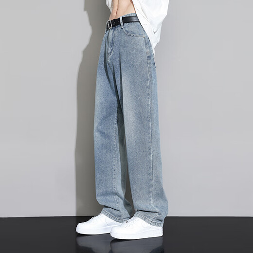 Yiran jeans otoño e invierno para hombres nuevos pantalones largos sueltos rectos casuales de moda lavados retro de piernas anchas simples y versátiles para hombres azul XL recomendado 115-140 Jin Jin equivale a 0,5 kg