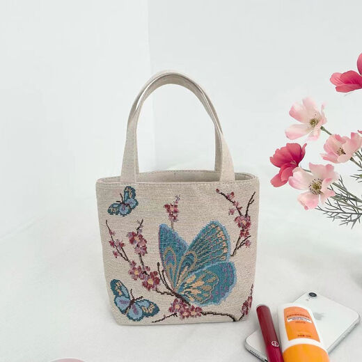 Crispy canvas bag butterfly double-sided embroidery ethnic style new mobile phone bag key bag handbag hand carry out bag thickened butterfly small size height 18*20