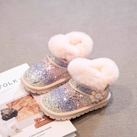 
Muni girls snow boots children's big cotton shoes 2025 new autumn and winter plus velvet fur integrated little girl baby boots Shining small flower pink size 32 size 20.5cm