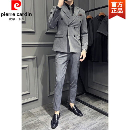 Pierre Cardin large size double breasted British suit suit men's groom wedding slim fit casual business striped suit knitted black three-piece suit XL (suitable for 125-135 Jin Jin equals 0.5 kg)