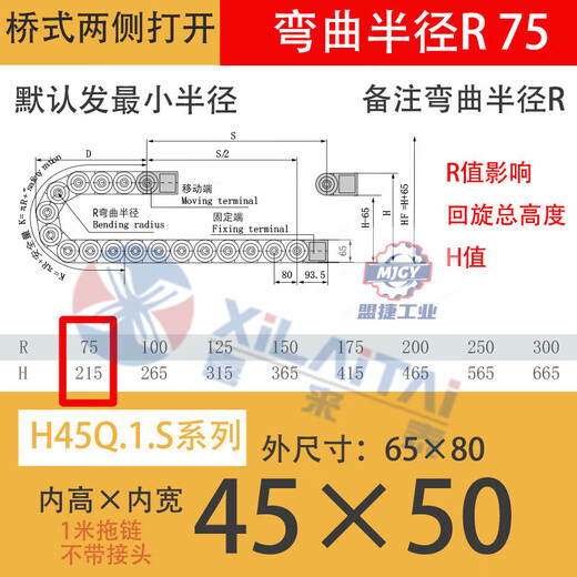 Plastic nylon tank chain H45Q.1.S 45*50*60*75*90*100*117 45*300 Remarks bending radius R 1 meter drag chain without joints