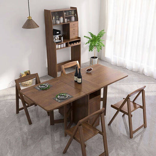 Ruffman dining table, sideboard and chair combination, multifunctional, foldable and retractable, small household Japanese-style solid wood table, walnut dining table and cabinet, solid wood
